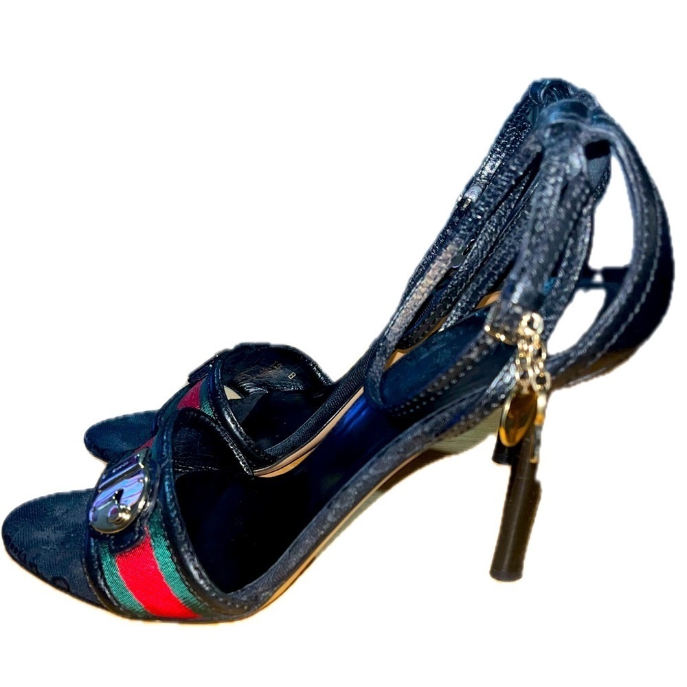 GUCCI GG & Black Leather And Web
Ankle Strap Sandals Size 10B - Picture 5 of 15